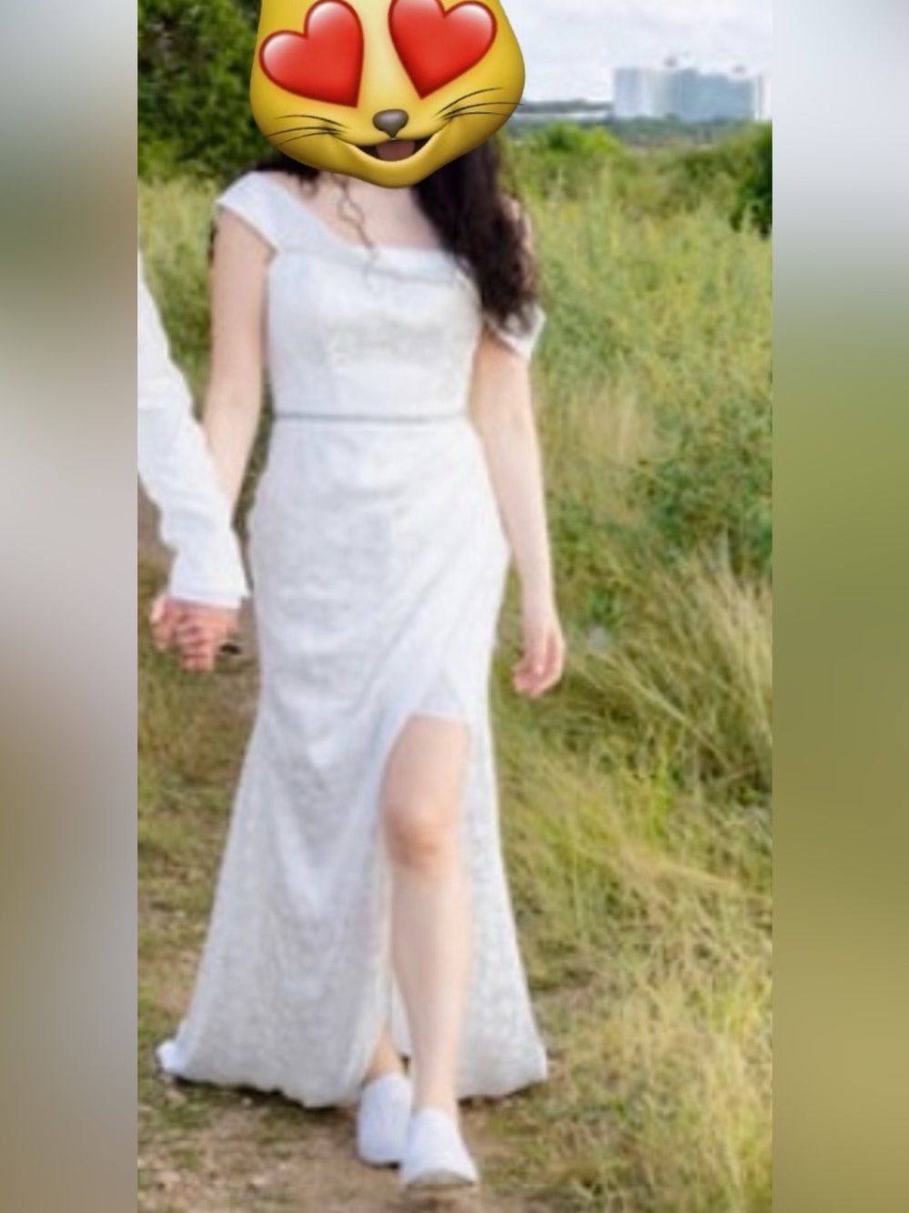 Elegant White jacquard off shoulder Wedding Gown with Front Slit
